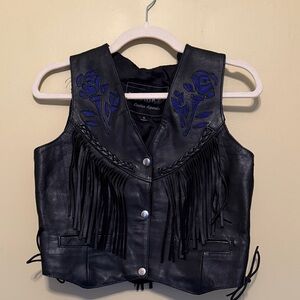 Unik Genuine Black Leather Vest with Blue Embroidery & Fringe